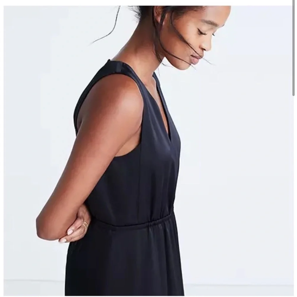 NWT Madewell nightout black silk satin midi dress v neck elastic waist 0 - Picture 3 of 11